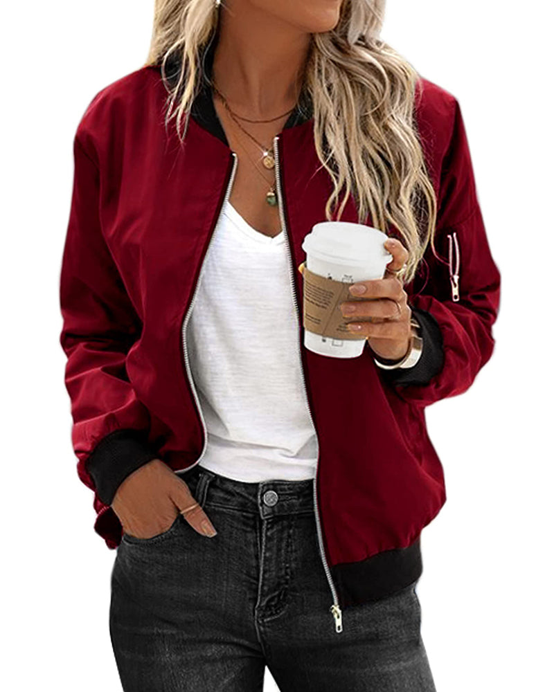 Zeagoo Classic Bomber Jacket Windbreaker with Pockets – Wine Red S Zeagoo Classic Bomber Jacket Windbreaker with Pockets – Wine Red S