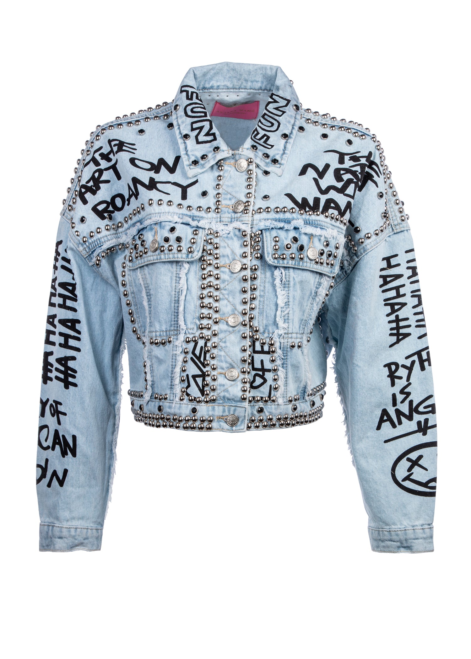 Studded Denim Jacket with Graffiti Design – Blue Studded Denim Jacket with Graffiti Design – Blue