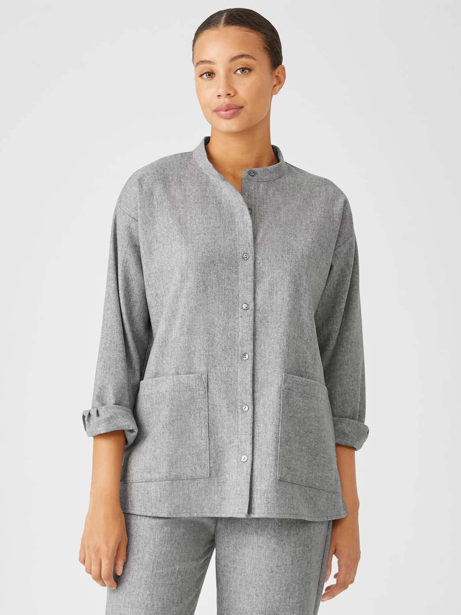 Soft Wool Flannel Mandarin Collar Shirt Soft Wool Flannel Mandarin Collar Shirt