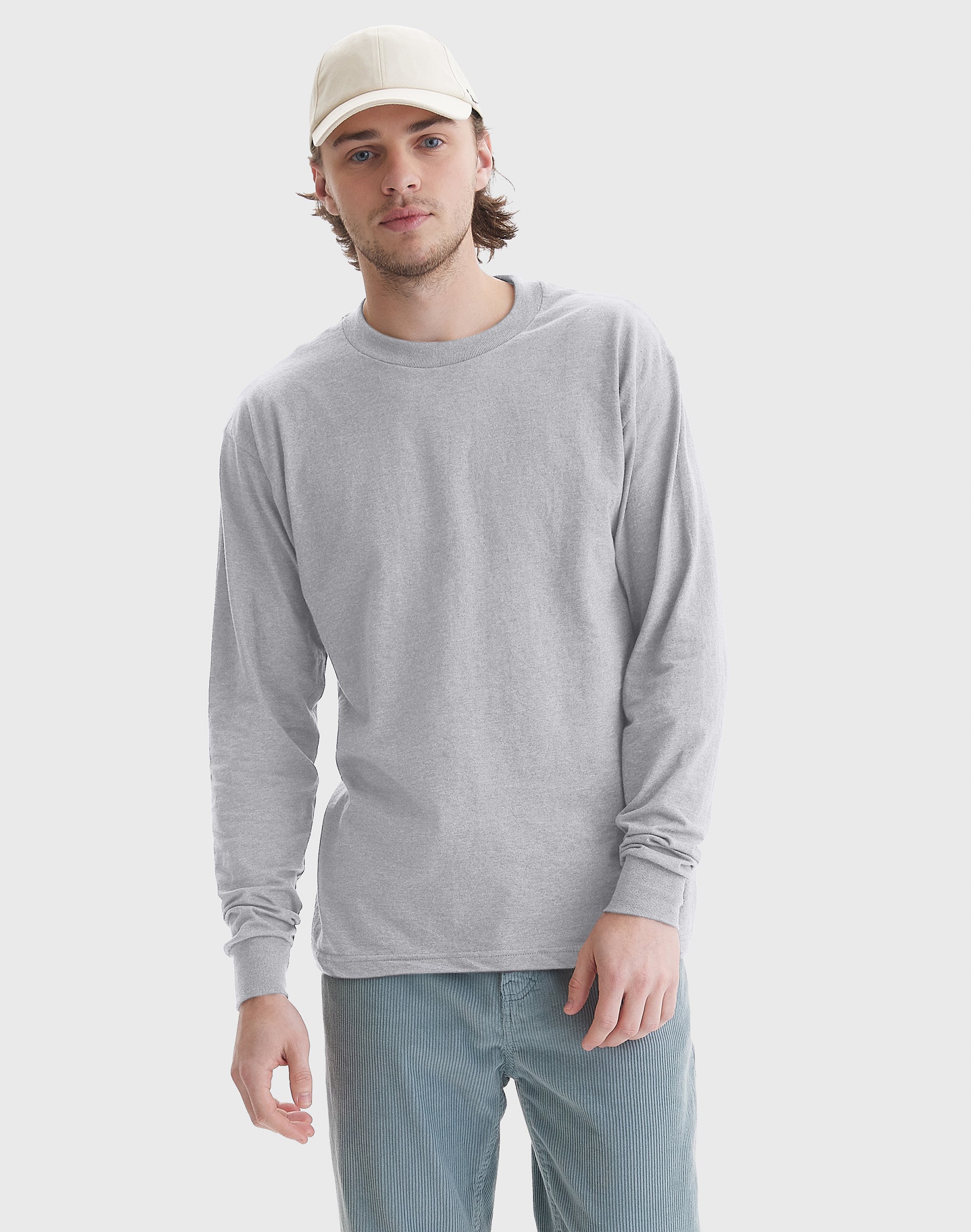 Hanes Beefy Men’s Long Sleeve Shirt, Cotton Light Steel