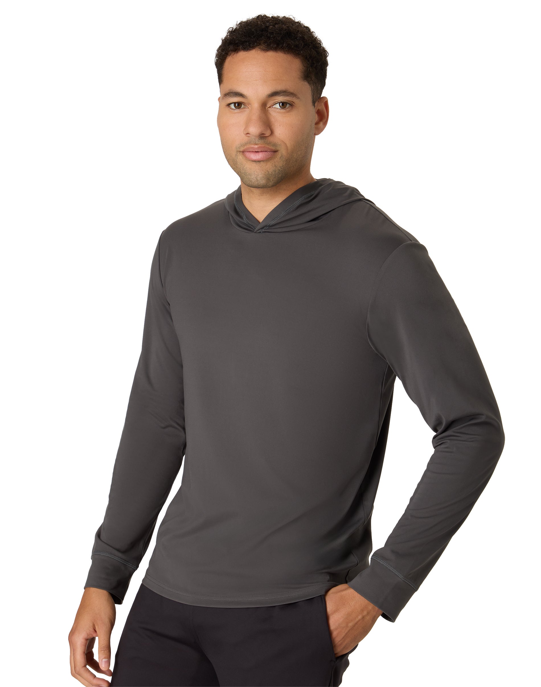 Hanes Moves Men’s Hooded Long-Sleeve Shirt, Moisture-Wicking Grey Encore