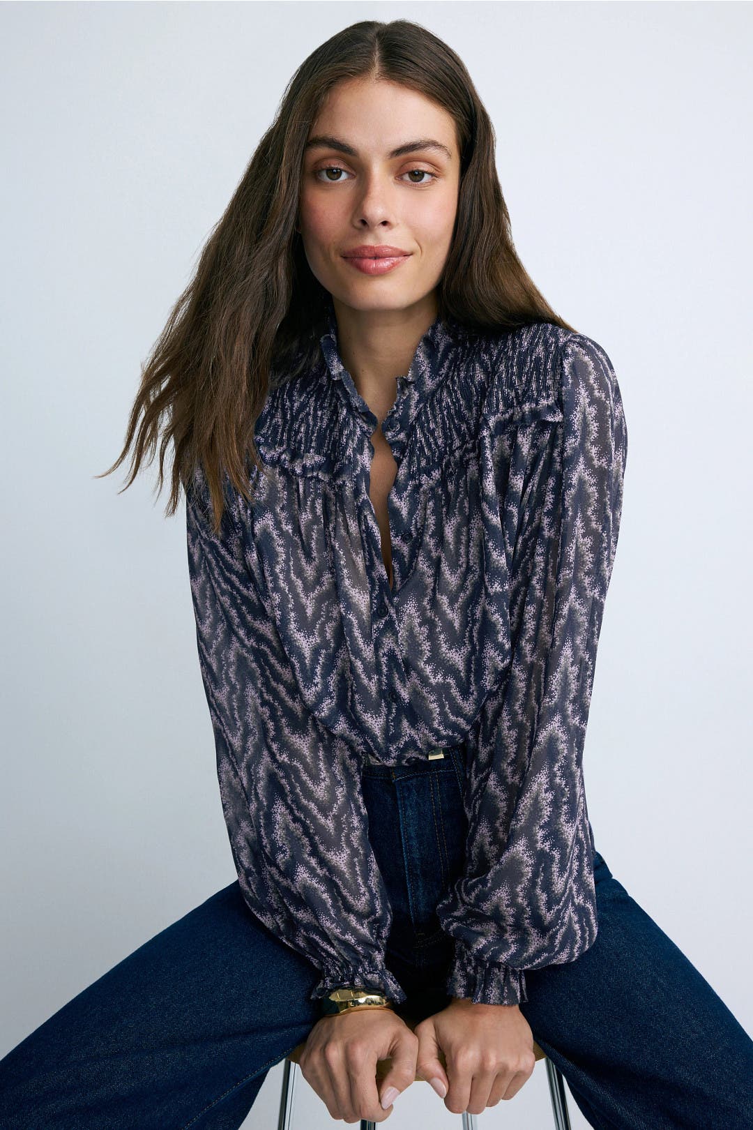 Boss Sheer Long Sleeve Top Blue-grey-print Boss Sheer Long Sleeve Top Blue-grey-print