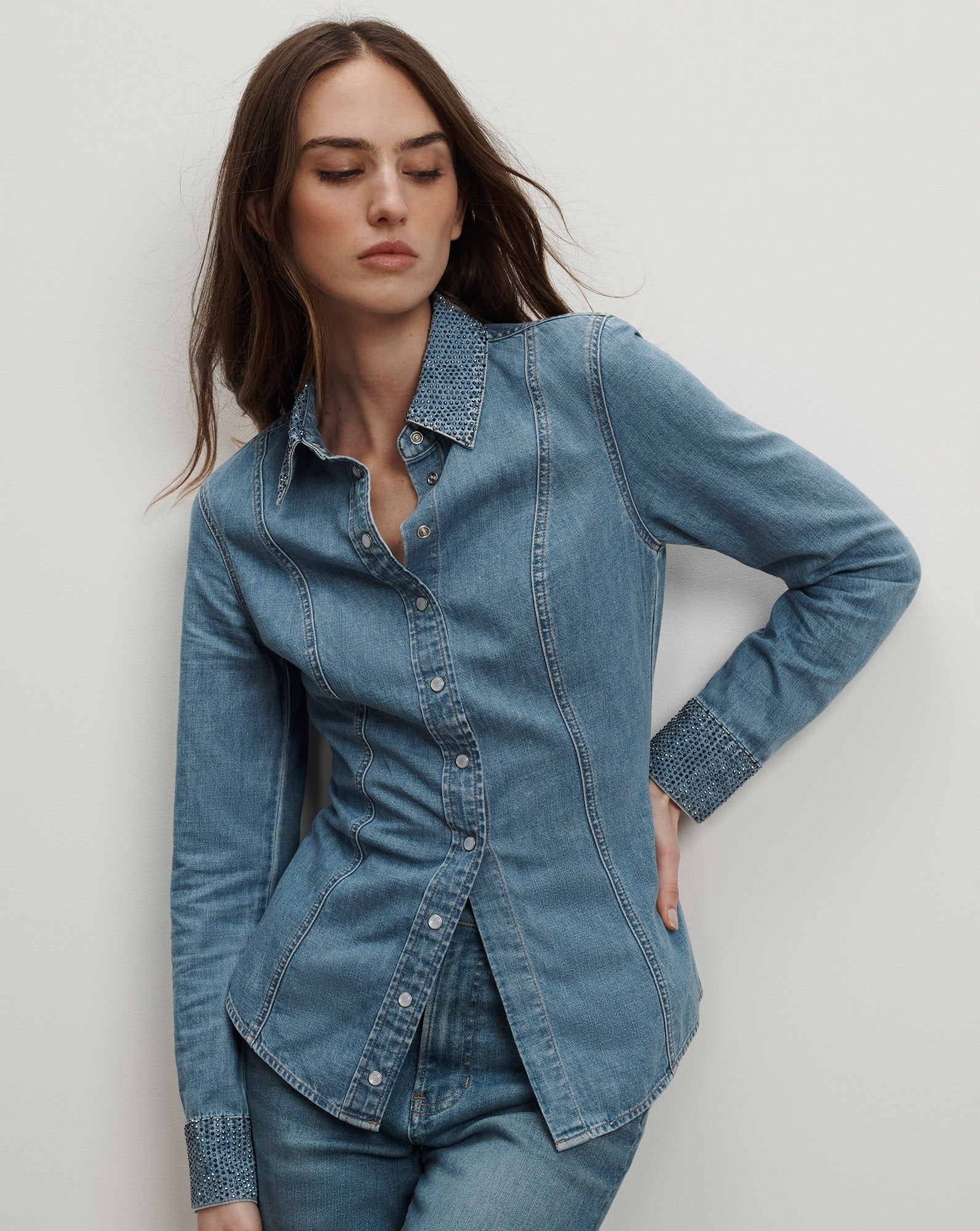 Veronica Beard Eddie Embellished Chambray Shirt Riviera Breeze Veronica Beard Eddie Embellished Chambray Shirt Riviera Breeze