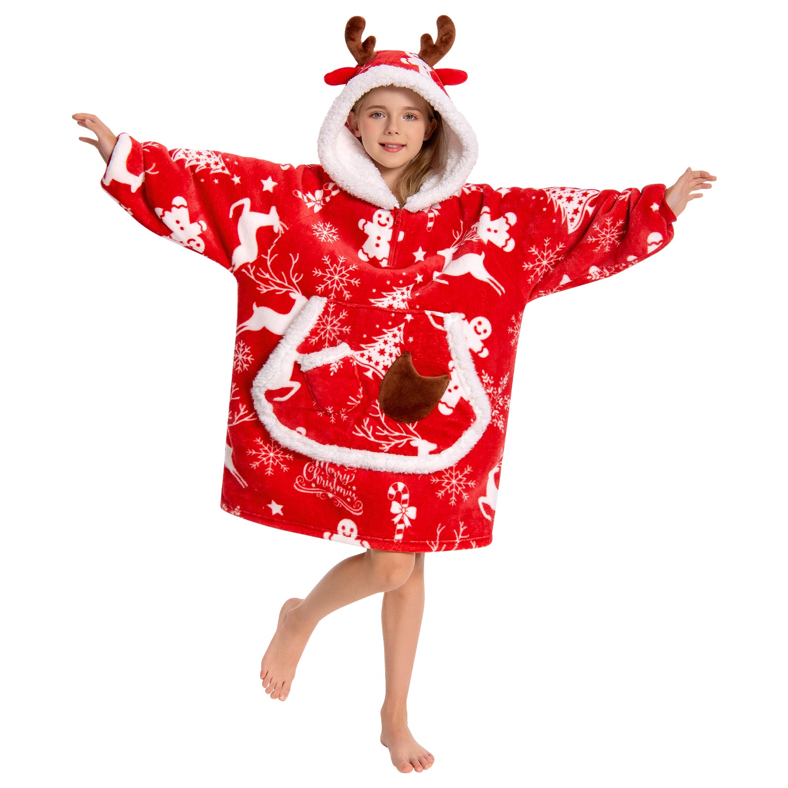 Kids OLAOLA Red Reindeer Wearable Blanket Hoodie Elk Animals Christmas Onesie Oversized Soft Homewear With Giant Pocket Kids OLAOLA Red Reindeer Wearable Blanket Hoodie Elk Animals Christmas Onesie Oversized Soft Homewear With Giant Pocket