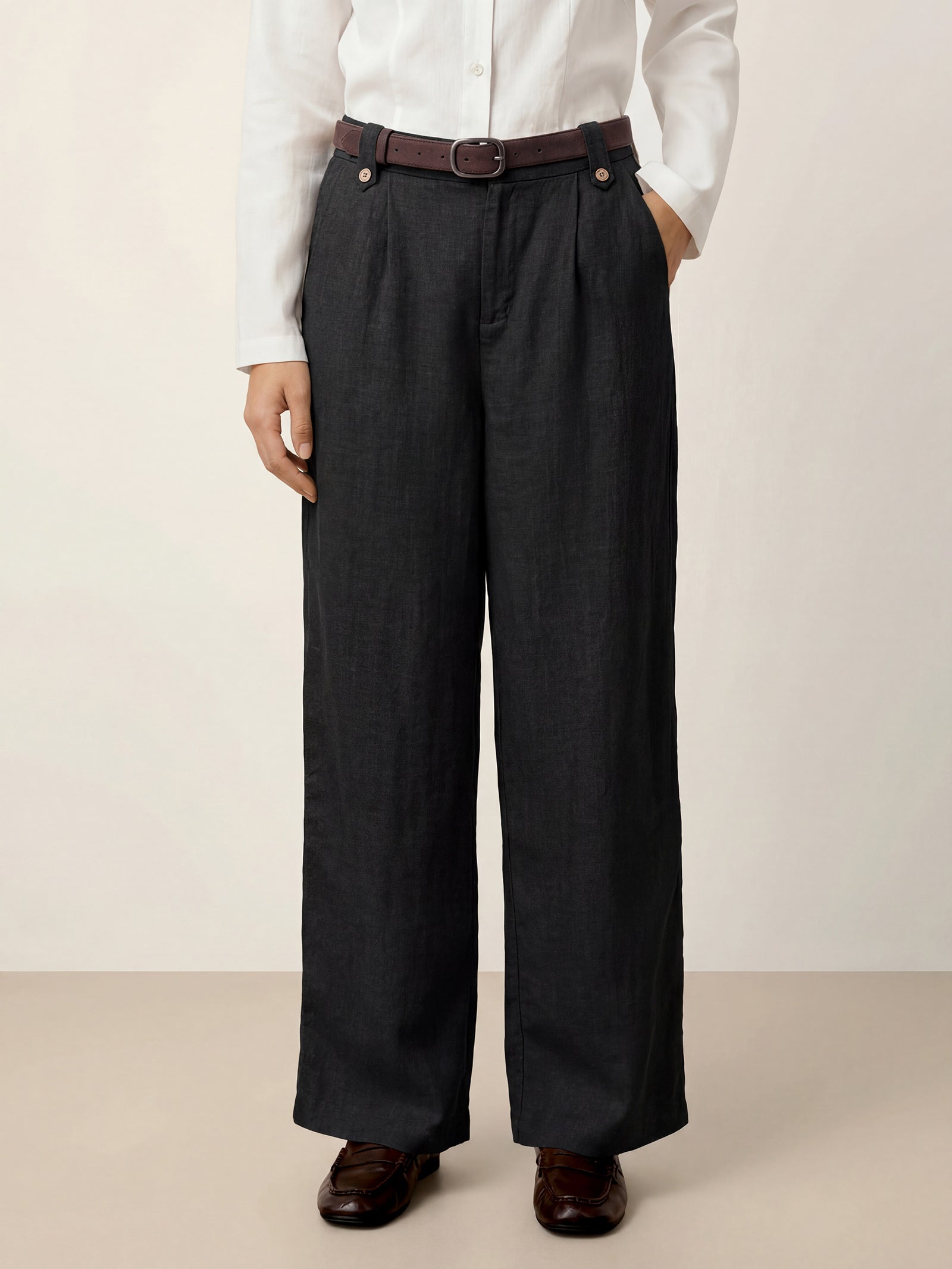 Linen-Lyocell Pleated Wide Leg Trousers with Back Elastic & Button Detail AISLING Linen-Lyocell Pleated Wide Leg Trousers with Back Elastic & Button Detail AISLING