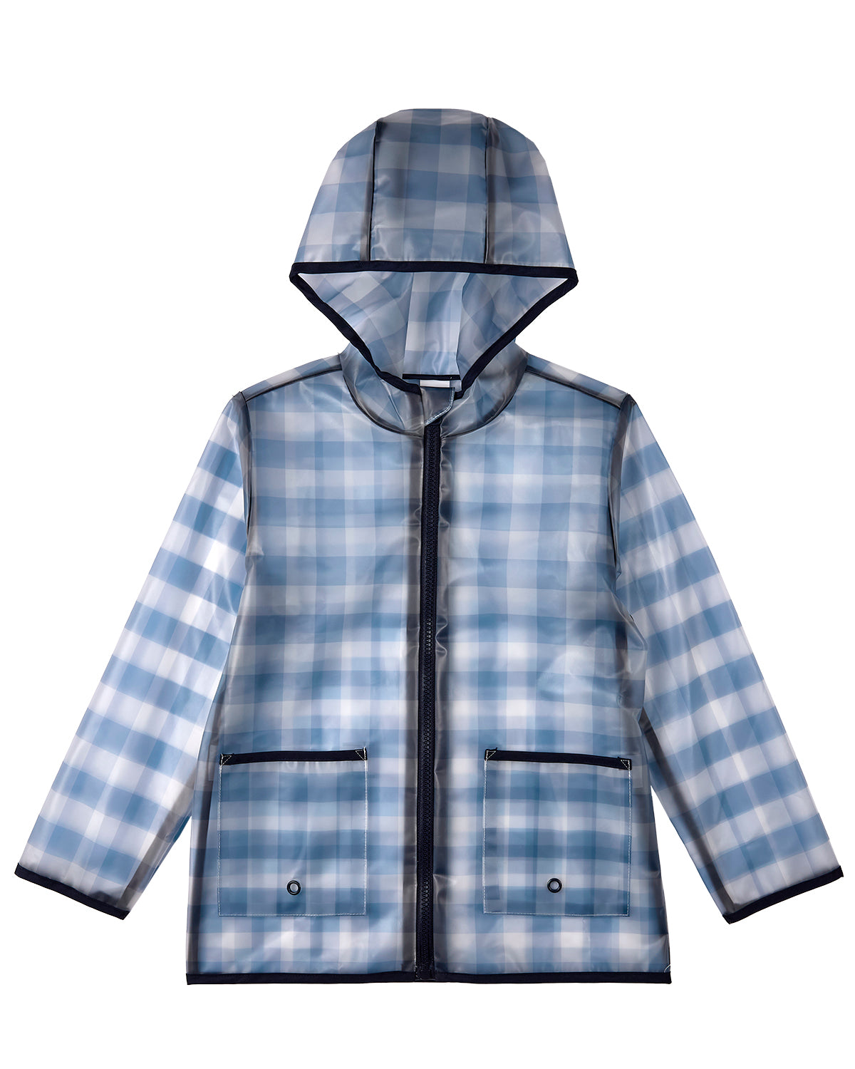 Kids “Checkmate” Checkered Raincoat with Self-Storage Pouch – Navy Kids “Checkmate” Checkered Raincoat with Self-Storage Pouch – Navy