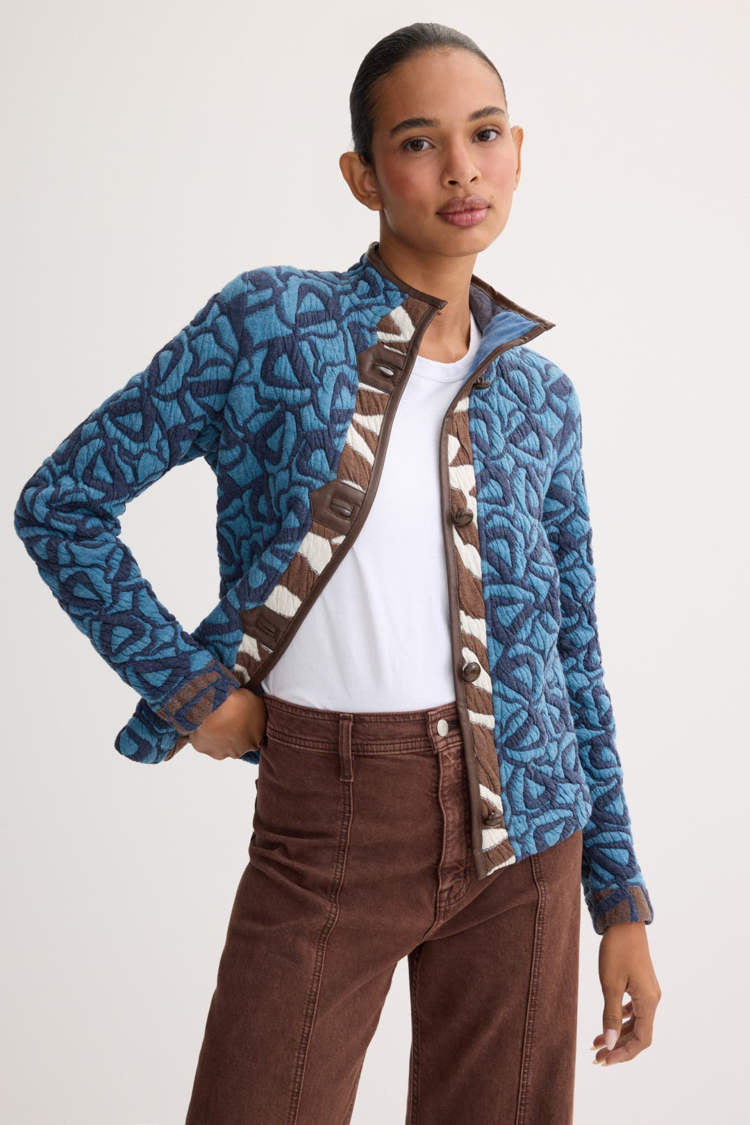 NIC + ZOE Quilted Faux Leather Trim Jacket Blue-brown NIC + ZOE Quilted Faux Leather Trim Jacket Blue-brown