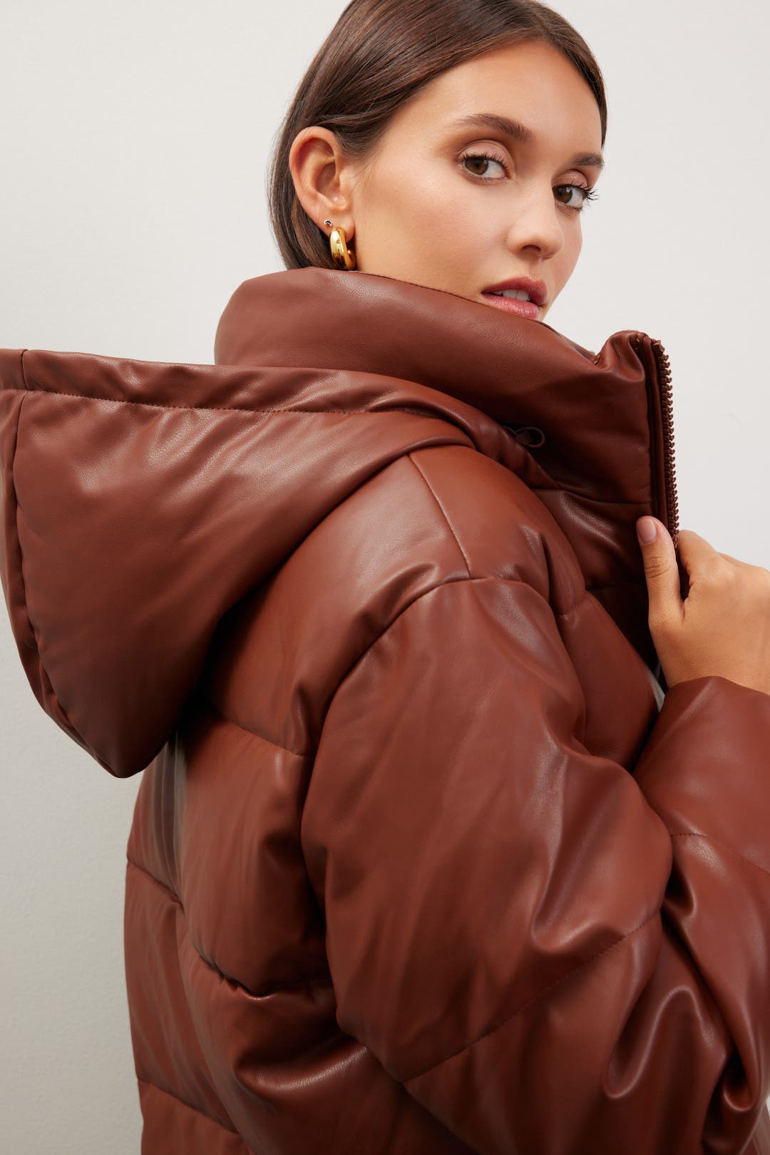 OOF Faux Leather Puffer Jacket Brown OOF Faux Leather Puffer Jacket Brown