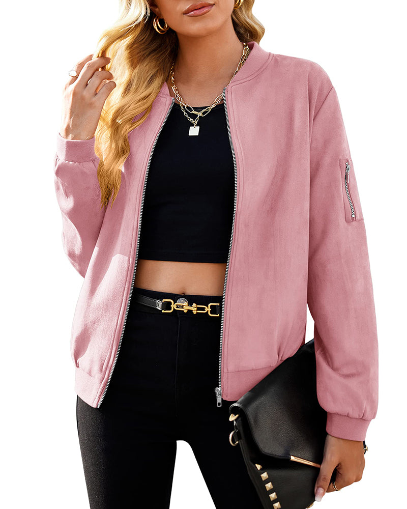 Faux Bomber Zip Up Lightweight Jacket Coat with Pockets – Zeagoo- Pink Faux Bomber Zip Up Lightweight Jacket Coat with Pockets – Zeagoo- Pink