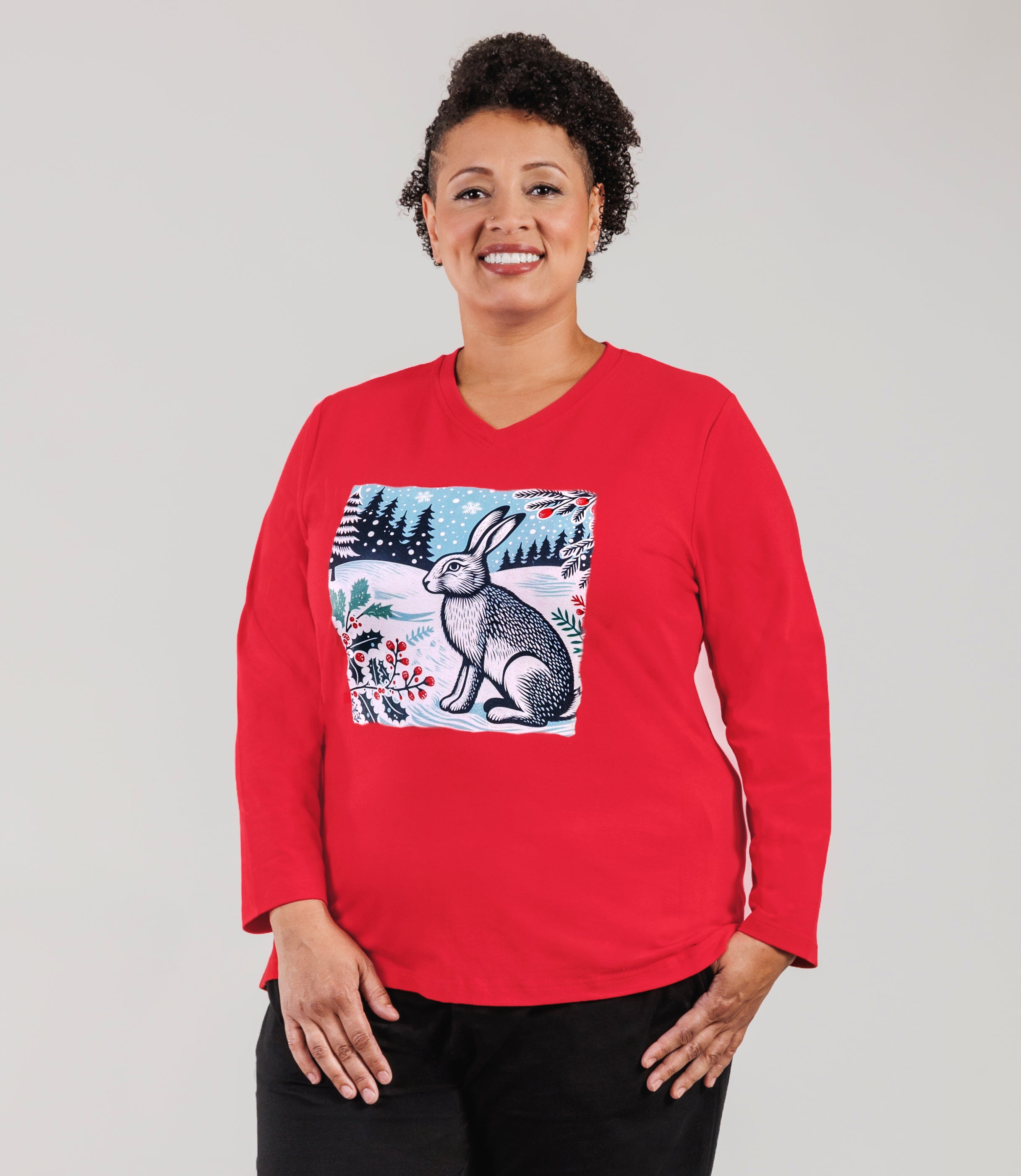 Designer Graphic Long Sleeve V-Neck Top Winter Hare, Lucky Red Designer Graphic Long Sleeve V-Neck Top Winter Hare, Lucky Red