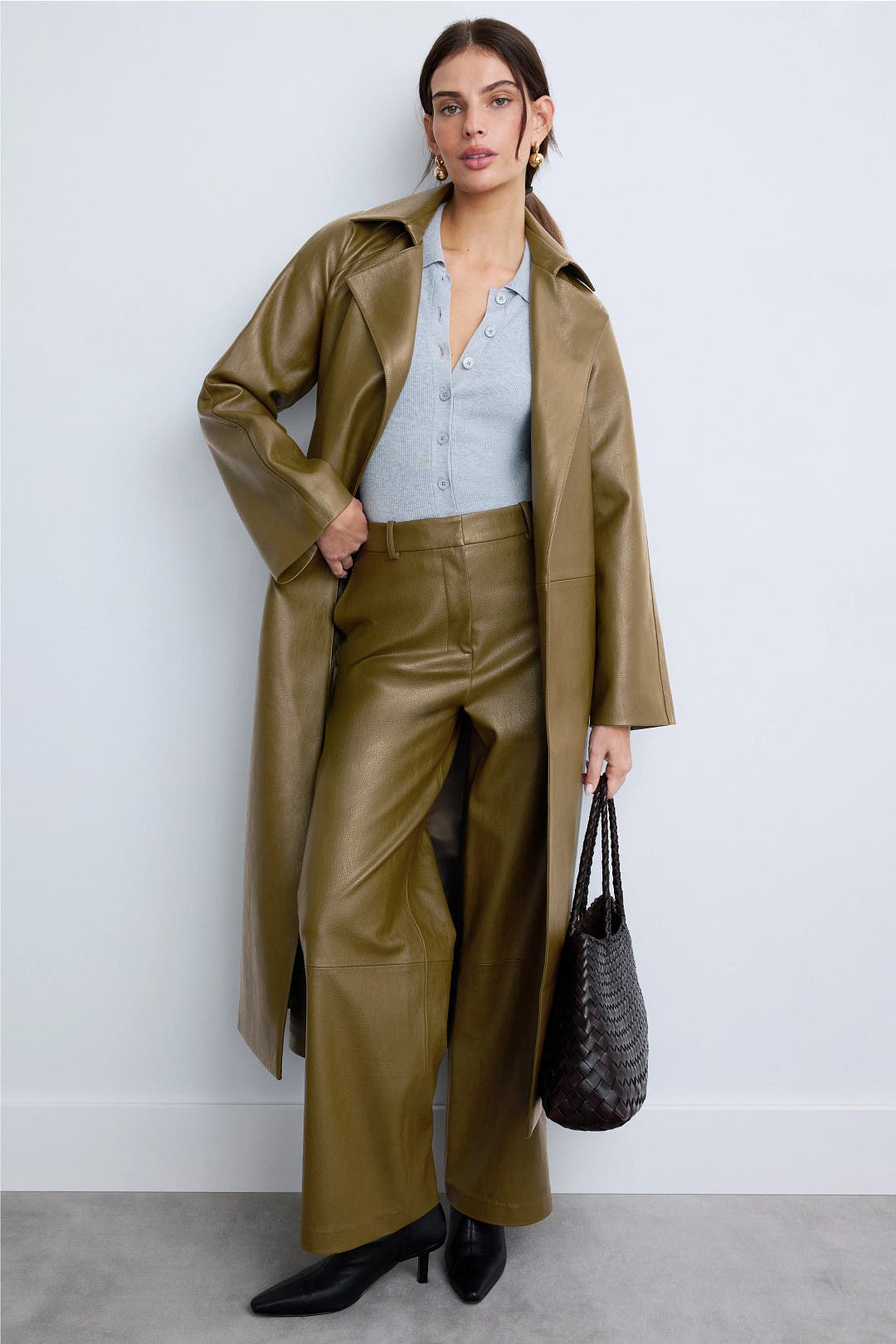 Rosetta Getty x RTR Grommet Belted Faux Leather Trench Coat Green Rosetta Getty x RTR Grommet Belted Faux Leather Trench Coat Green
