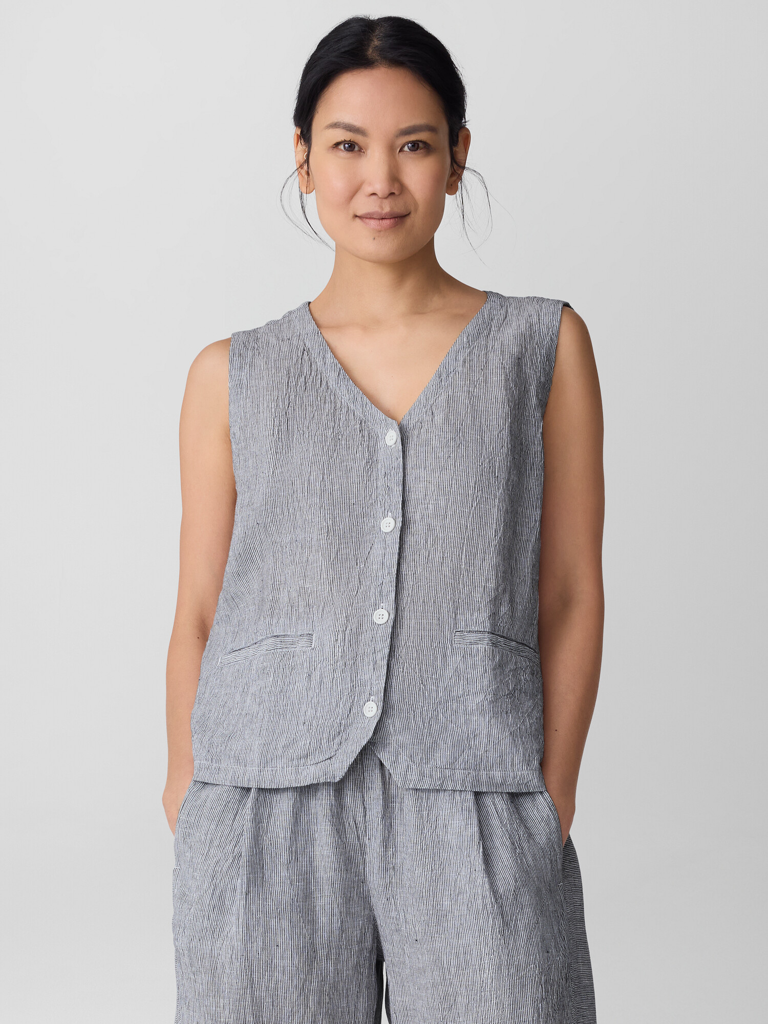 Puckered Organic Linen Stripe Vest Puckered Organic Linen Stripe Vest