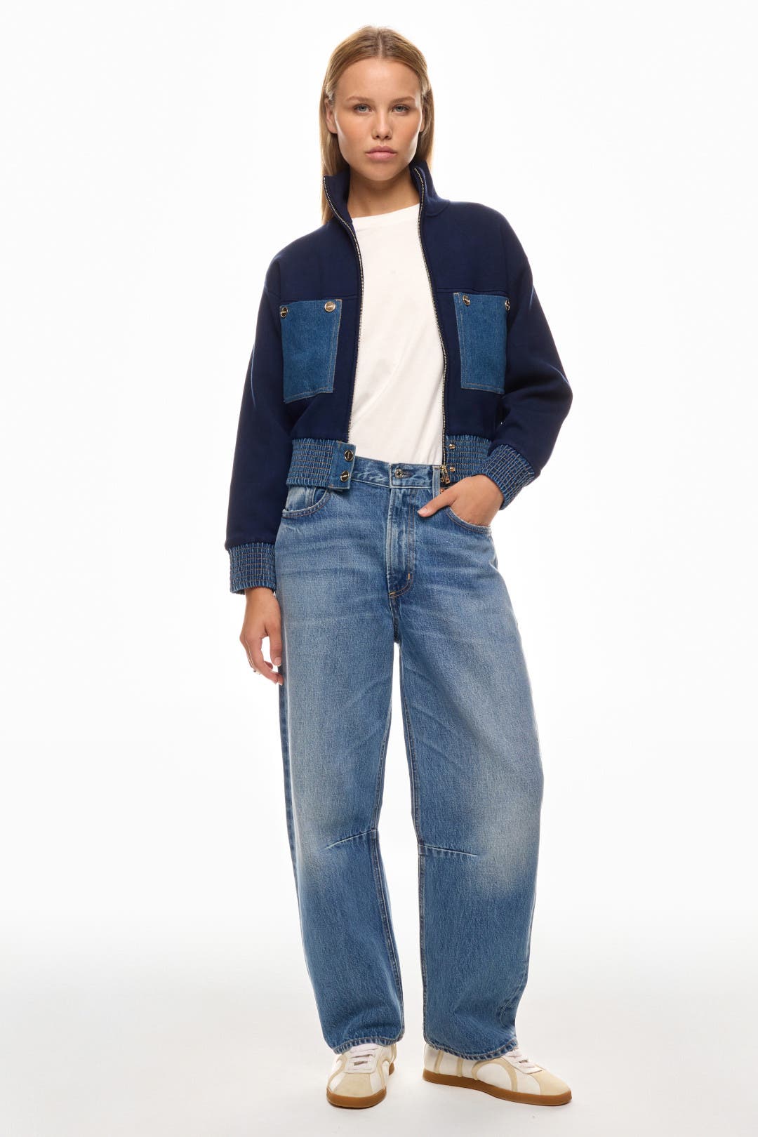 Sandro Knit Bomber Jacket With Denim Detail Blue Sandro Knit Bomber Jacket With Denim Detail Blue