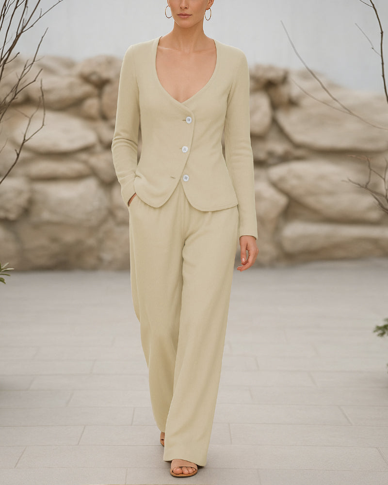 Luxury Slant Placket Wide Collar Cardigan Set Luxury Slant Placket Wide Collar Cardigan Set