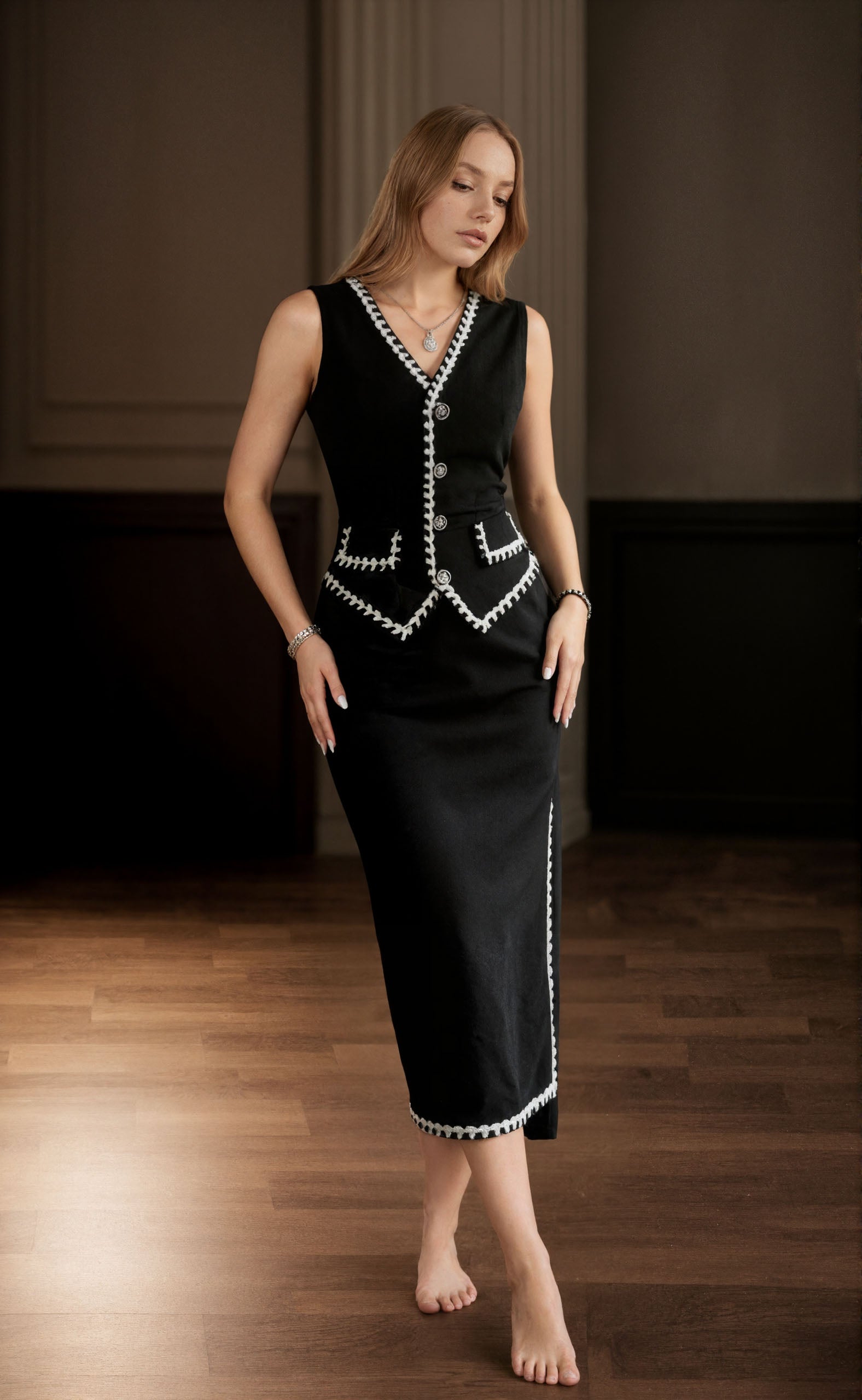 Luxury Contrast Trim Vest Bodycon Skirt Suit Luxury Contrast Trim Vest Bodycon Skirt Suit