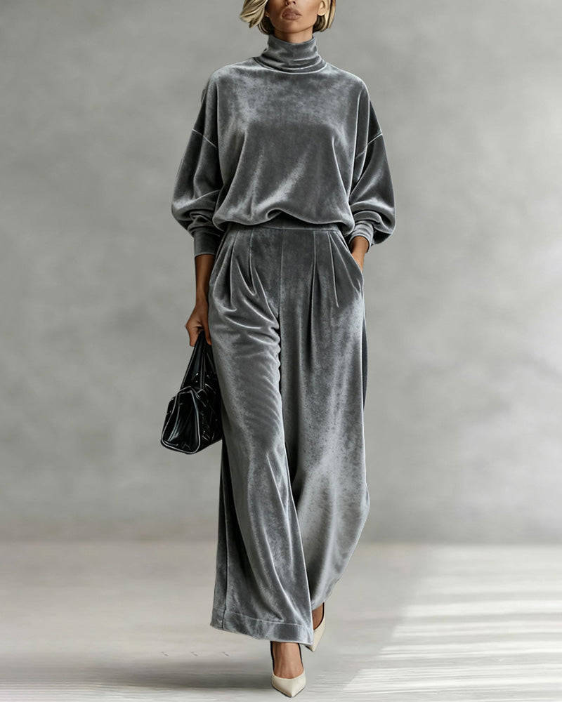 Leisure Relaxed Velvet Turtleneck Top Pants Set Leisure Relaxed Velvet Turtleneck Top Pants Set
