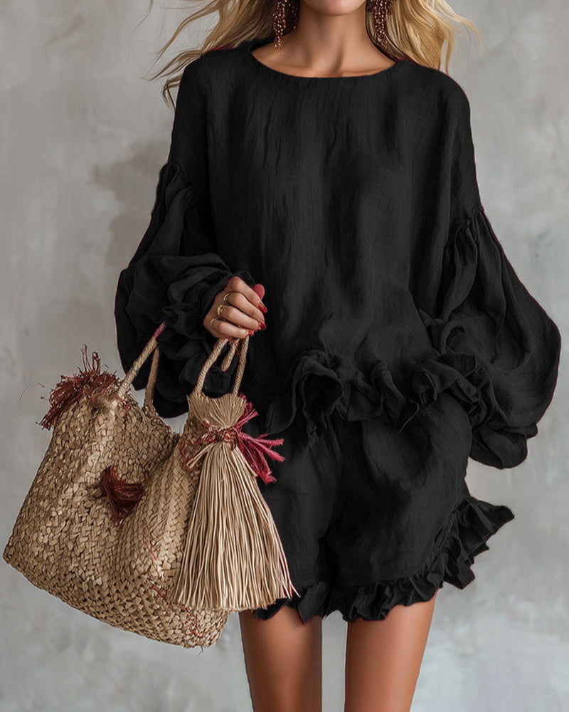 Zeagoo Boho Linen Blend Ruffle Trim Top and Shorts Set Zeagoo Boho Linen Blend Ruffle Trim Top and Shorts Set