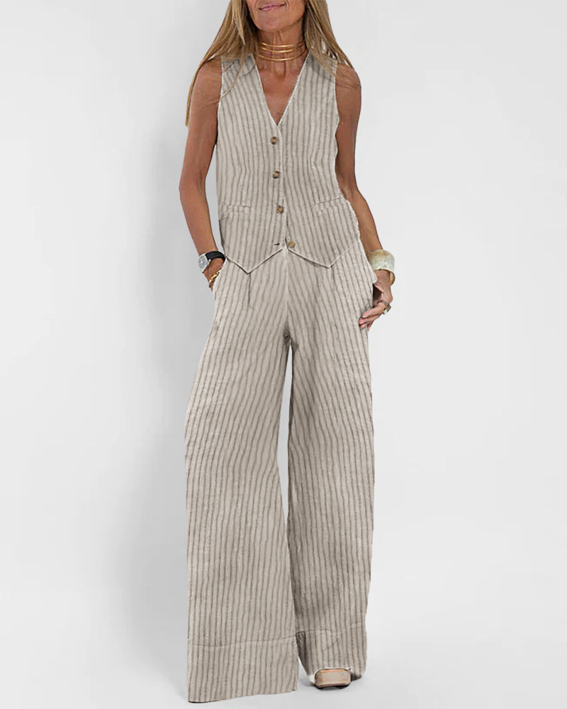Zeagoo Chic Stripes Sleeveless Vest And Wide Leg Pants Set – Khaki Zeagoo Chic Stripes Sleeveless Vest And Wide Leg Pants Set – Khaki