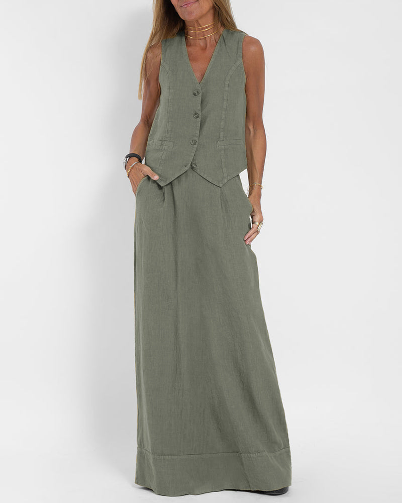Effortlessly Chic Solid Color Sleeveless Vest And Long Skirts with Pockets Set – Green L- Effortlessly Chic Solid Color Sleeveless Vest And Long Skirts with Pockets Set – Green L-