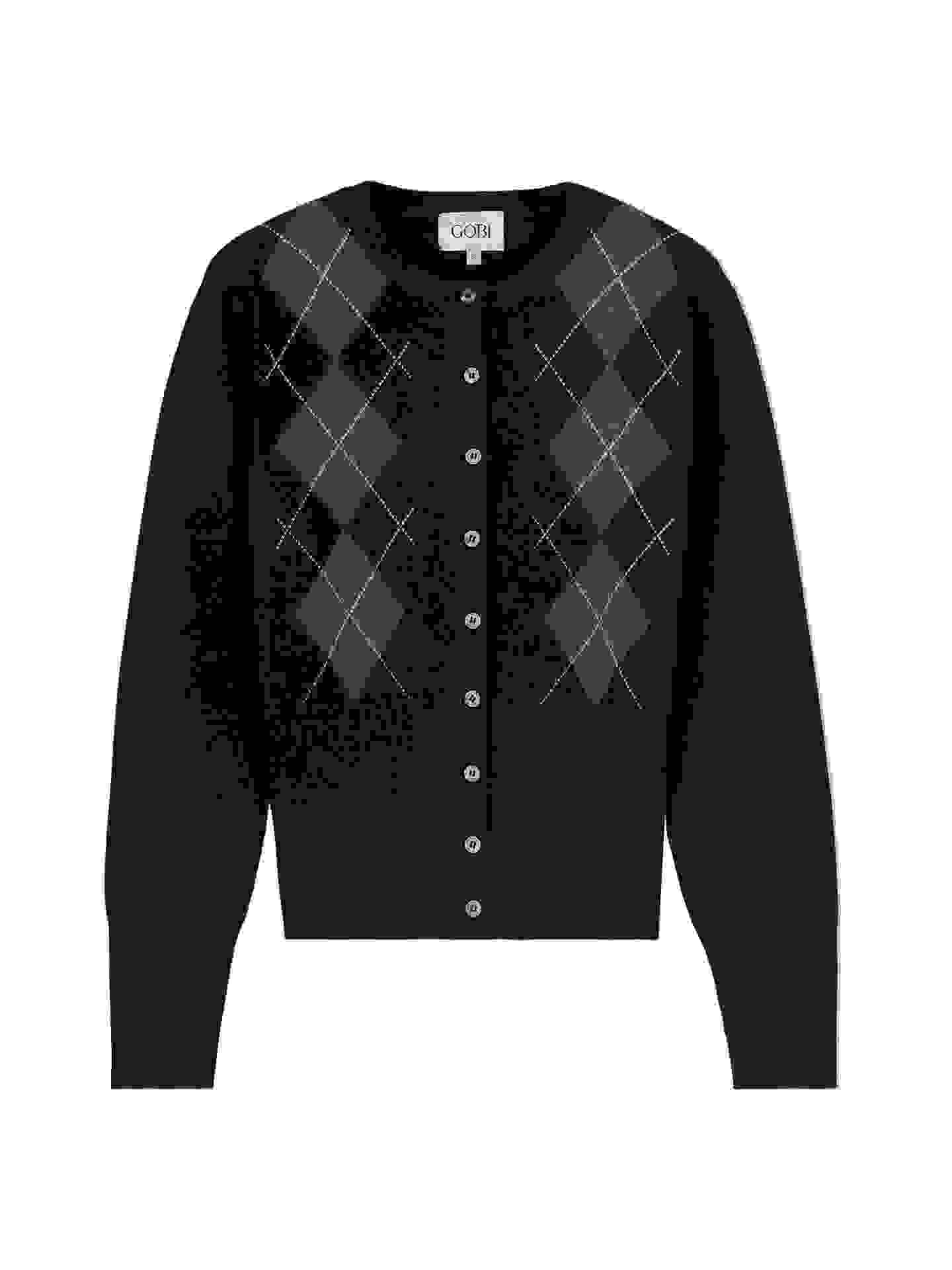 Cashmere Argyle Cardigan – L Black WK– Cashmere Argyle Cardigan – L Black WK–