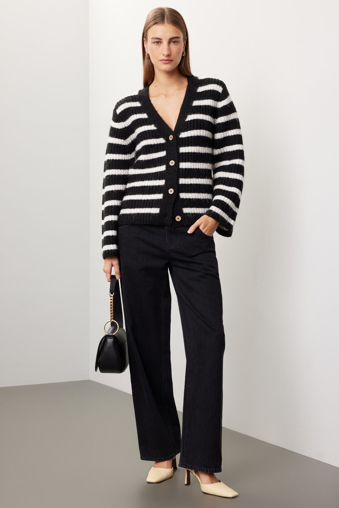 Slate & Willow Stripe Cardigan Black-cream-print