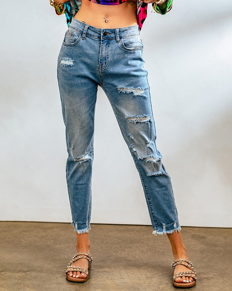 Ripped Jeans Boyfriend Ankle Distressed Denim Pants – Blue L- Ripped Jeans Boyfriend Ankle Distressed Denim Pants – Blue L-