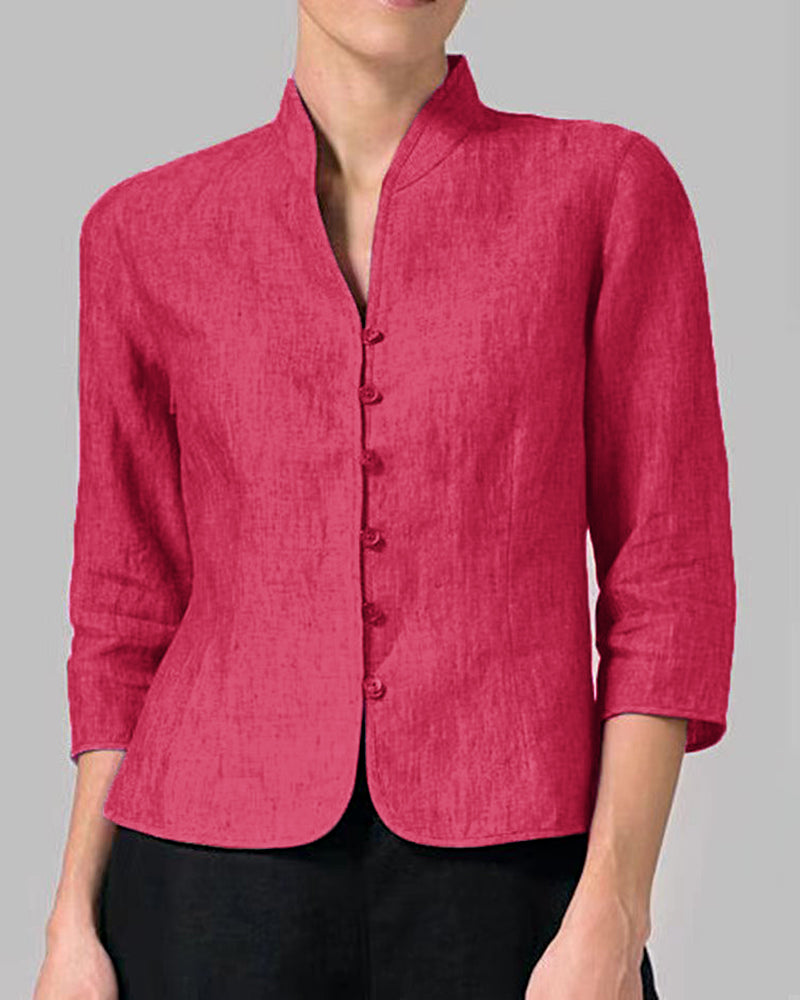 Zeagoo Stand Collar Button Slim Fit Three Quarter Sleeve Shirt Top – Red Zeagoo Stand Collar Button Slim Fit Three Quarter Sleeve Shirt Top – Red