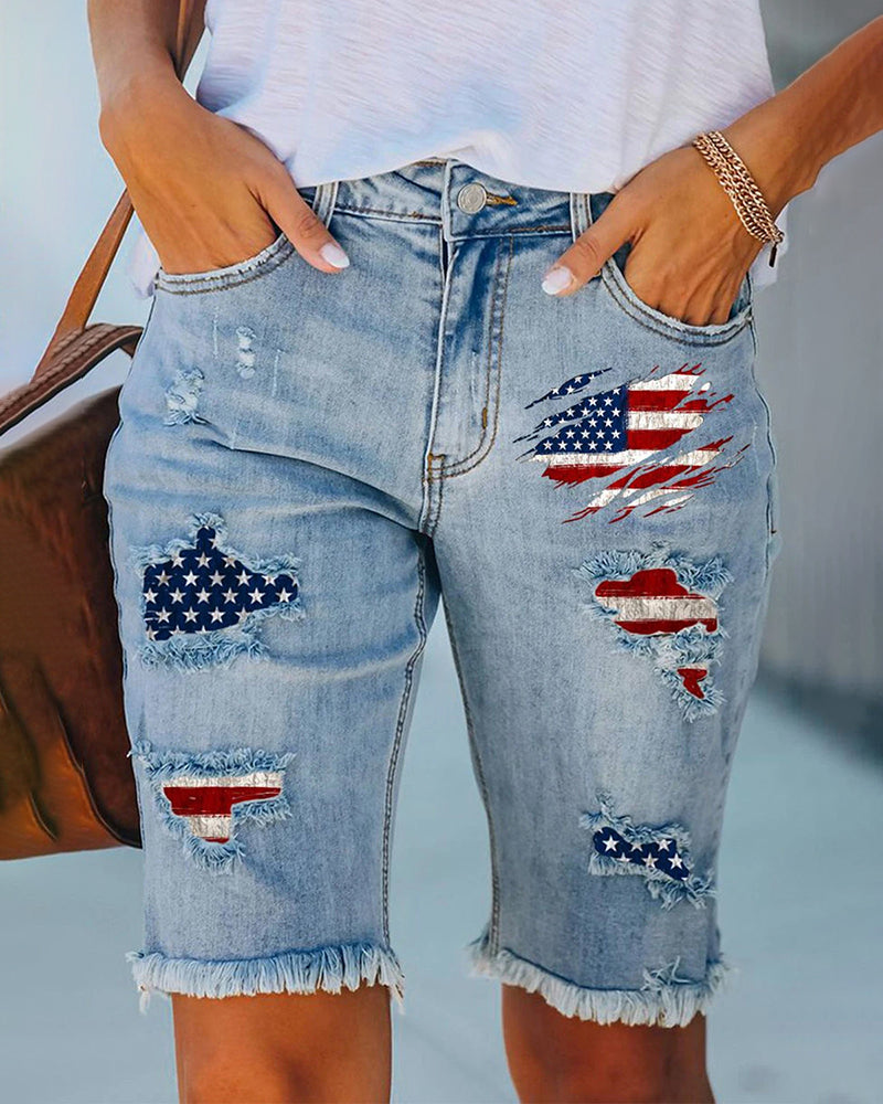 Independence Day Knee-Length Denim Shorts Flag Frayed Ripped Distressed Stretch Jeans – PAT S Independence Day Knee-Length Denim Shorts Flag Frayed Ripped Distressed Stretch Jeans – PAT S