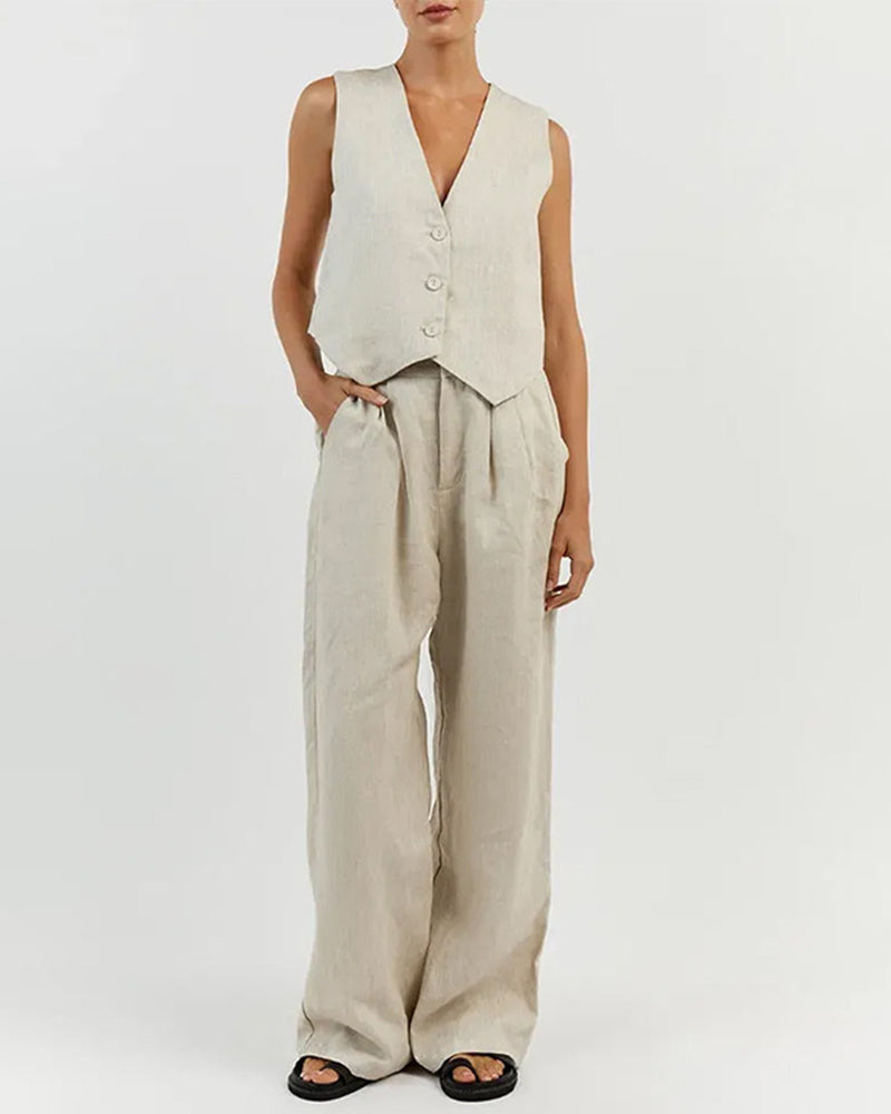 Zeagoo Classic Linen Vest and Wide Leg Pants Set – Khaki M Zeagoo Classic Linen Vest and Wide Leg Pants Set – Khaki M
