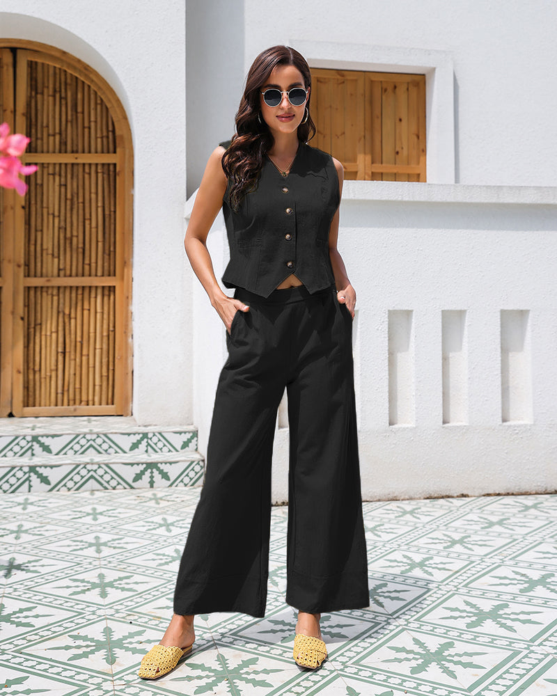 Effortlessly Chic Cotton Sleeveless Vest and Wide Leg Pants Set – Black Effortlessly Chic Cotton Sleeveless Vest and Wide Leg Pants Set – Black