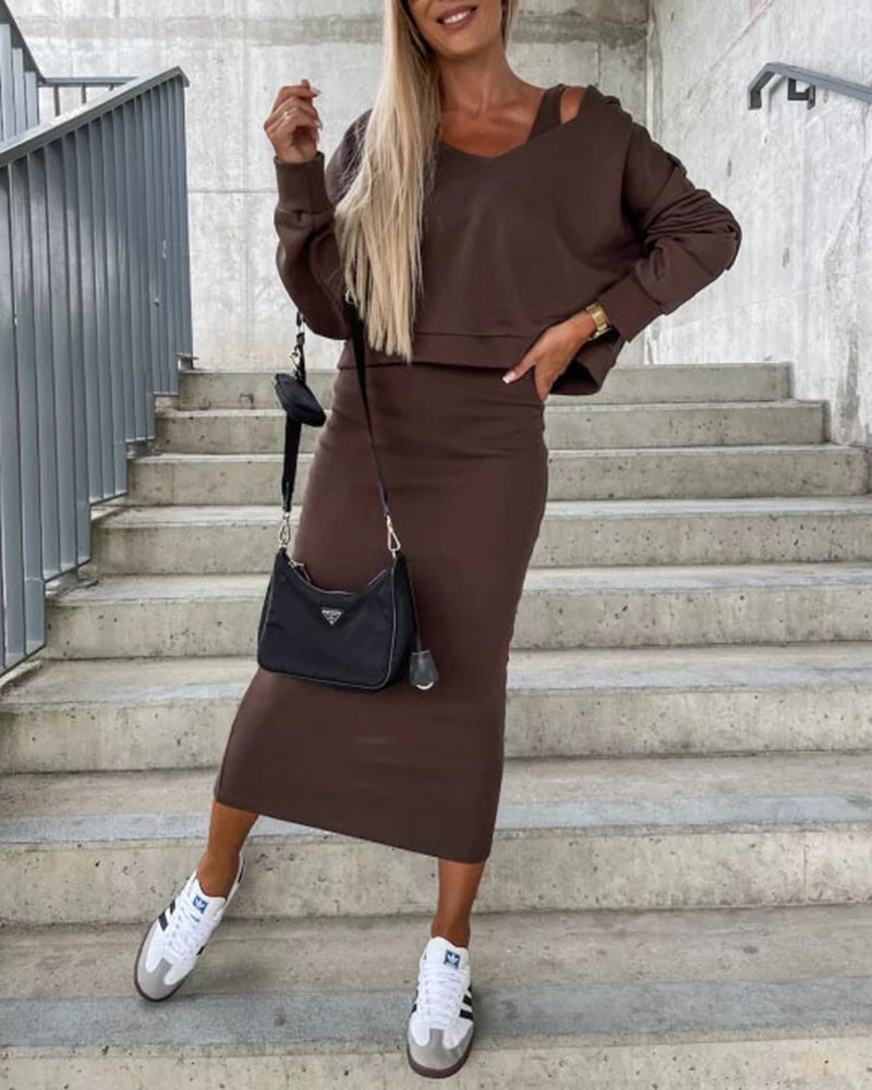 Elegant Two-piece Set Sexy V-neck Off-shoulder Sweatshirt & Sleeveless Knitted Dress Skirt – Brown S Elegant Two-piece Set Sexy V-neck Off-shoulder Sweatshirt & Sleeveless Knitted Dress Skirt – Brown S