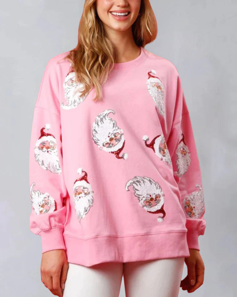Zeagoo Christmas Sequin Santa French Terry Sweatshirt – Pink