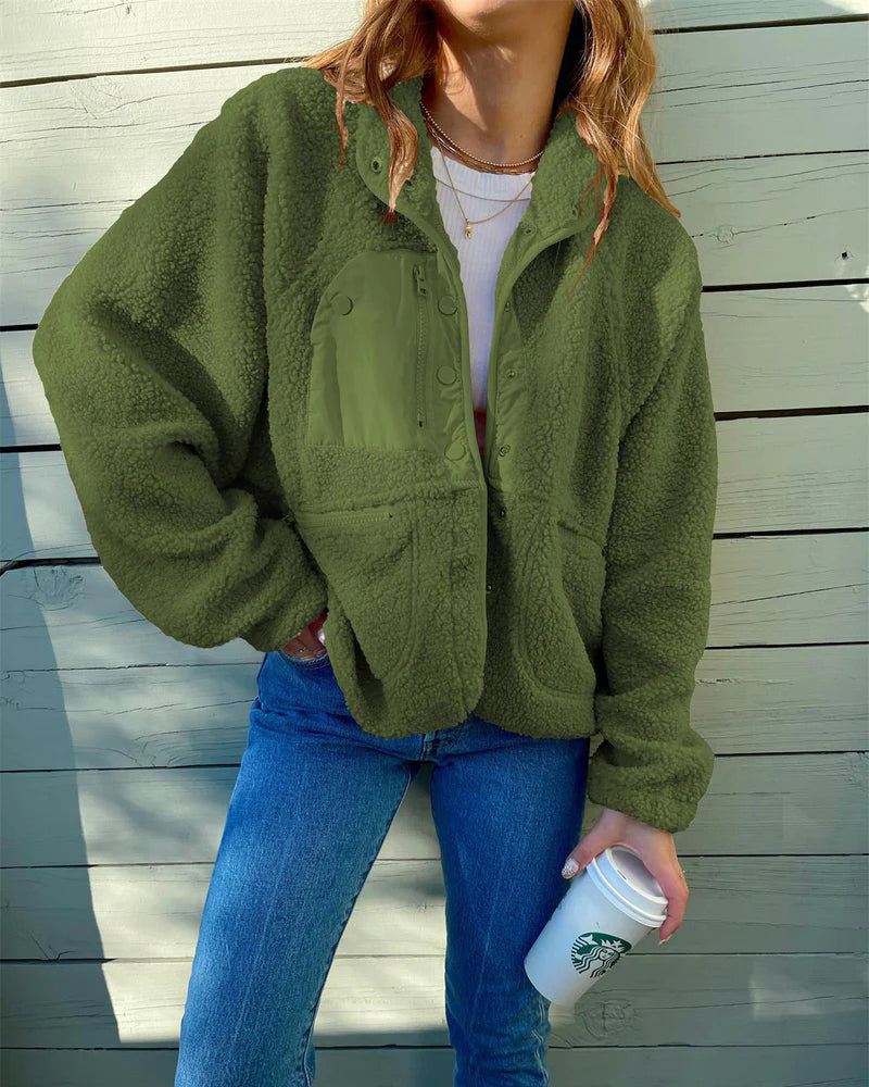 Zipper Button Fleece Sherpa Jacket Bear Teddy Coat – Army Green Zipper Button Fleece Sherpa Jacket Bear Teddy Coat – Army Green