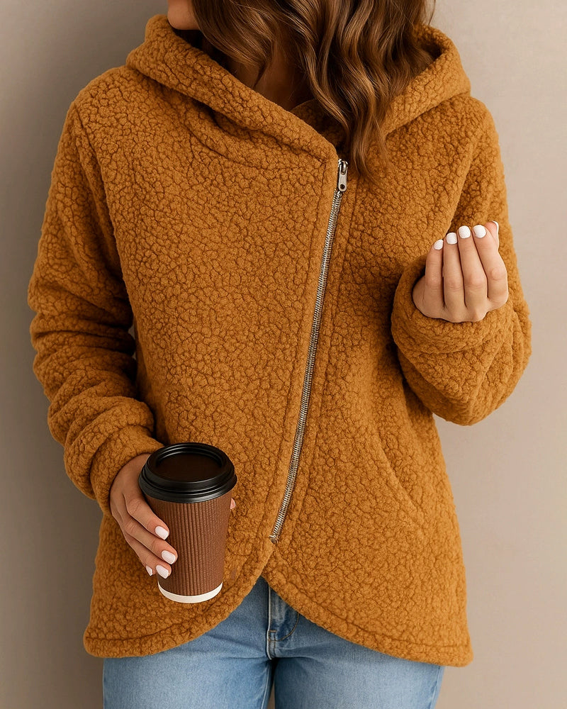 Zeagoo Casual Plush Fleece Diagonal Zip Hooded Jacket Zeagoo Casual Plush Fleece Diagonal Zip Hooded Jacket
