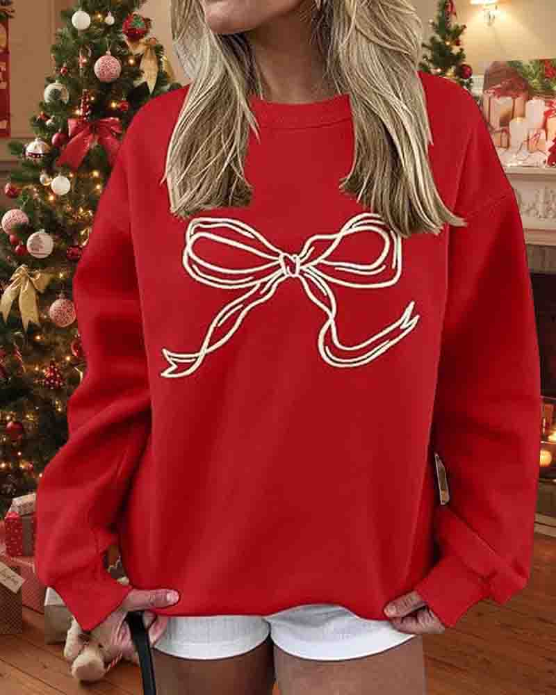 Relaxed Fit Christmas Bow Pattern Sweatshirt Relaxed Fit Christmas Bow Pattern Sweatshirt