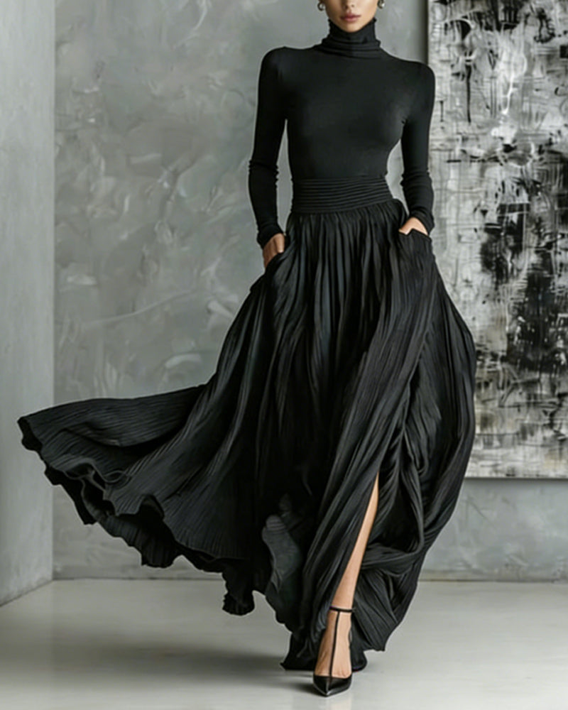 Elegant Turtleneck Pullover Pocket Long Skirt Set Elegant Turtleneck Pullover Pocket Long Skirt Set