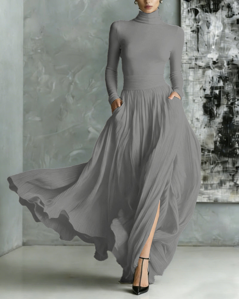 Elegant Turtleneck Pullover Pocket Long Skirt Set Elegant Turtleneck Pullover Pocket Long Skirt Set