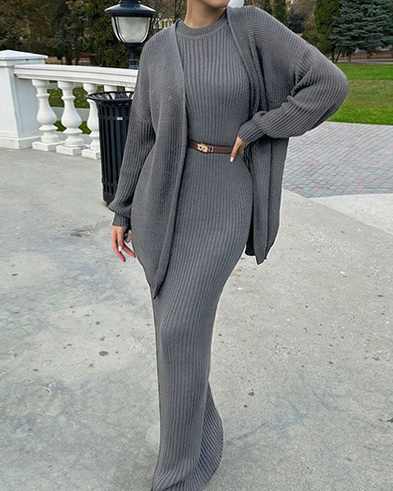 Luxury Elegant Ribbed Knit Dress and Cardigan Set