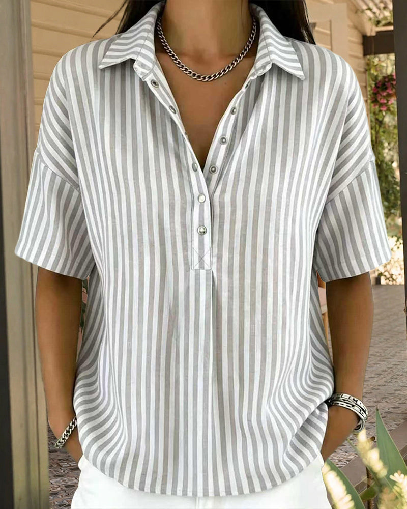 Casual Loose Vertical Striped Short Sleeve Henley Shirt Casual Loose Vertical Striped Short Sleeve Henley Shirt