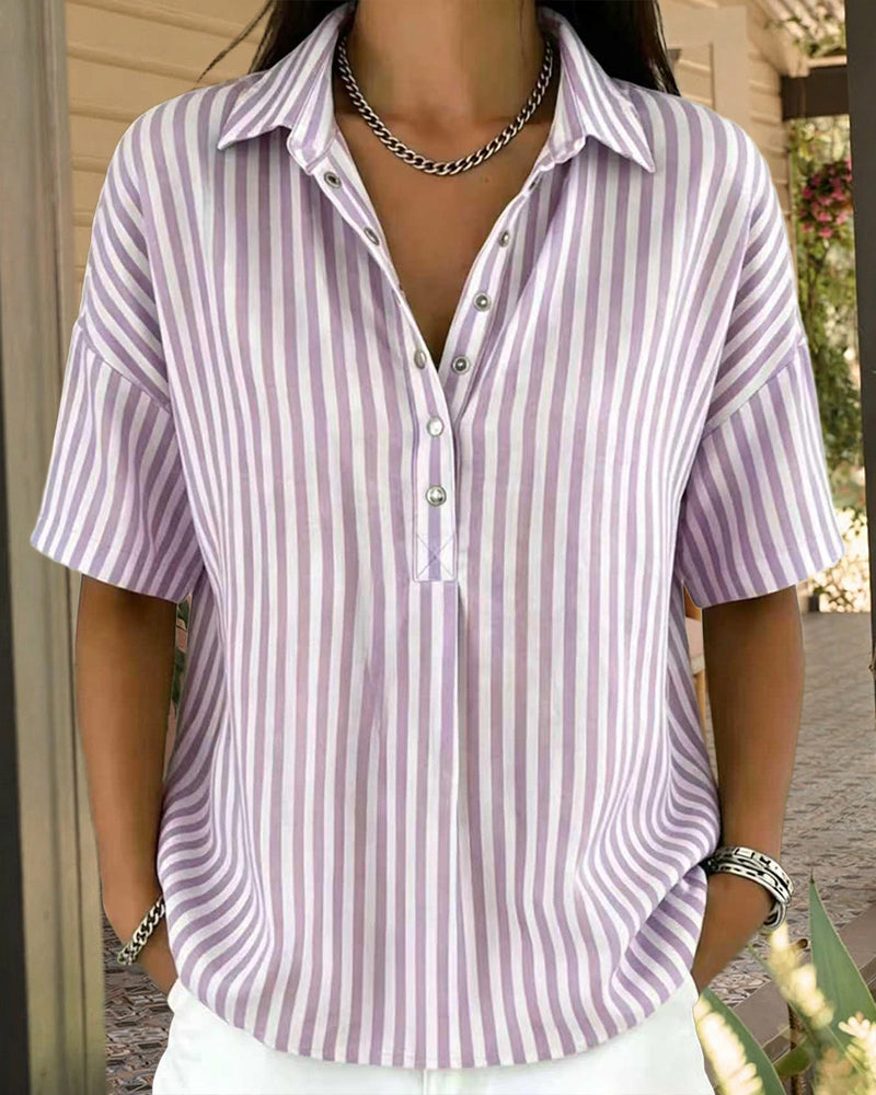 Casual Loose Vertical Striped Short Sleeve Henley Shirt Casual Loose Vertical Striped Short Sleeve Henley Shirt