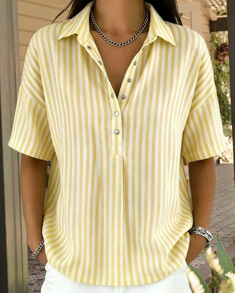Casual Loose Vertical Striped Short Sleeve Henley Shirt Casual Loose Vertical Striped Short Sleeve Henley Shirt
