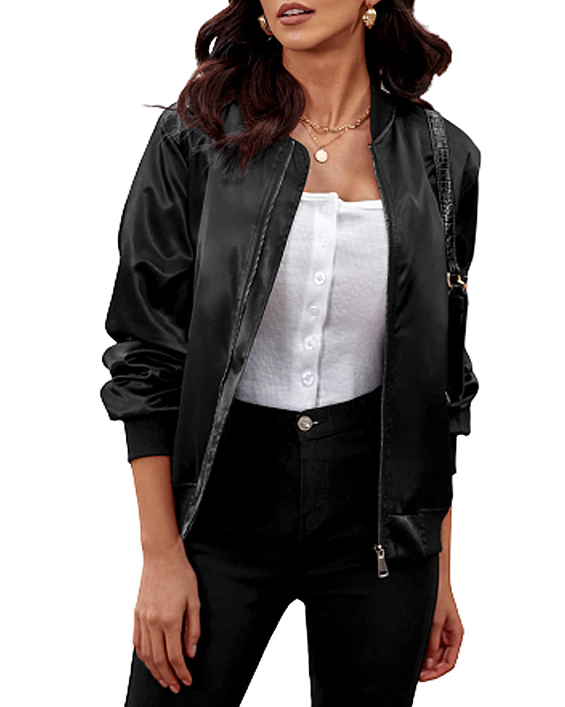 Zip Up Bomber Jacket – Zeagoo- Satin-black M Zip Up Bomber Jacket – Zeagoo- Satin-black M