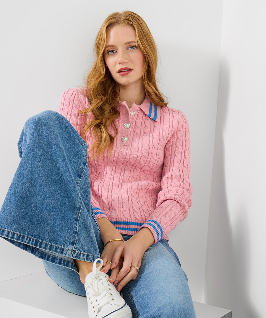 Frankie Collared Cable Knit Jumper – Size – Pink – by Joe Browns Frankie Collared Cable Knit Jumper – Size – Pink – by Joe Browns