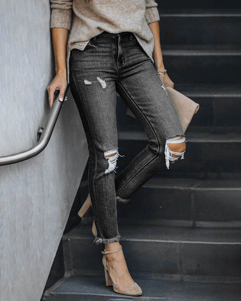 Ripped Stretch Skinny Jeans Mid Waist Distressed Denim Pants – Dark Grey L- Ripped Stretch Skinny Jeans Mid Waist Distressed Denim Pants – Dark Grey L-