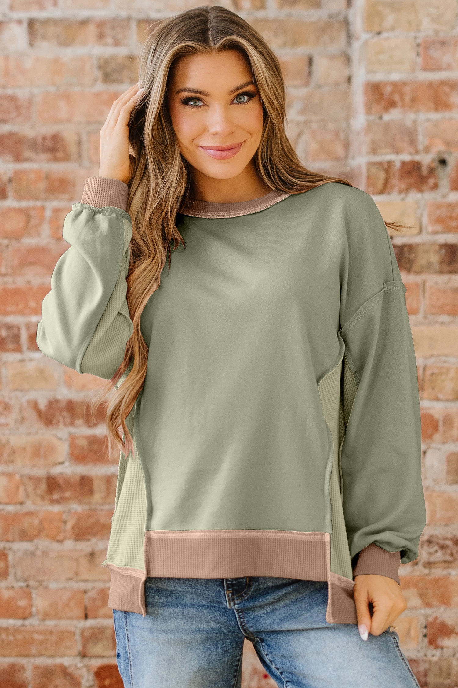 Maelynn Waffle Patchwork Oversize Sweatshirt Maelynn Waffle Patchwork Oversize Sweatshirt
