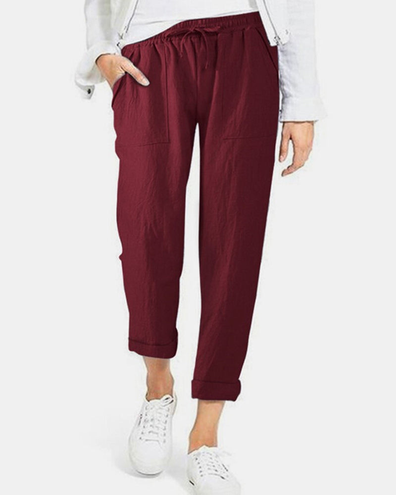 Solid High Waist Drawstring Pocket Loose Casual Trousers Pants – Wine Red S Solid High Waist Drawstring Pocket Loose Casual Trousers Pants – Wine Red S