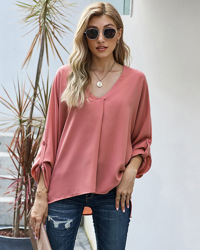 Zeagoo V-Neck Long Sleeve Buckle Shirt Plain Shirts Shirt Top Elegant Shirts Casual Slim Fit Basic – Pink