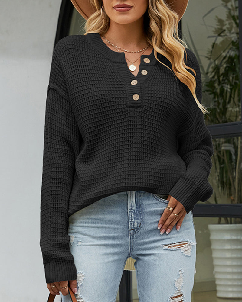 Waffle Knit Long Sleeve Side Slit Button Pullover Jumper Sweater – Black M