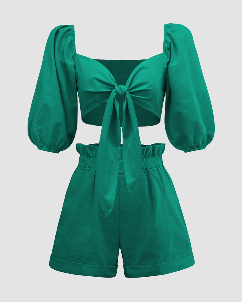 Half Sleeve Knot Front Crop Cardigan Top with Shorts Sets – Green L- Half Sleeve Knot Front Crop Cardigan Top with Shorts Sets – Green L-