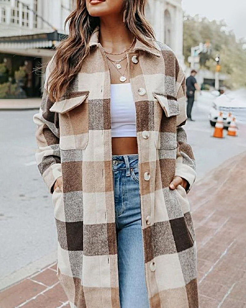 Knee Length Lapel Plaid Flannel Shirt Jacket – Brown M Knee Length Lapel Plaid Flannel Shirt Jacket – Brown M
